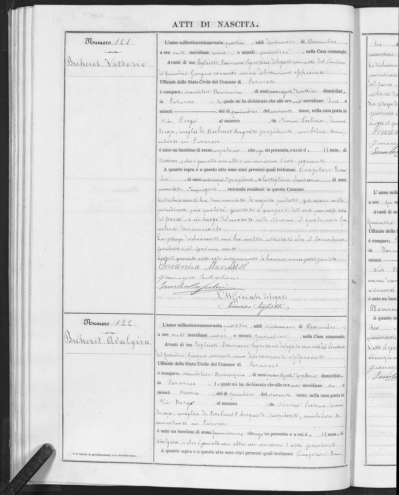 Handwritten Italian birth act from Farnese, in the province of Viterbo, for 15 December 1894.