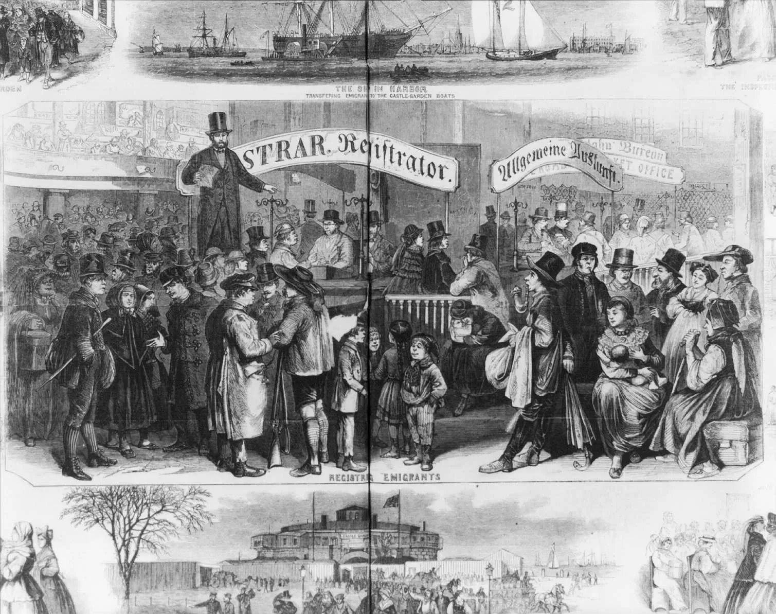 Wood engraving of immigrants inside Castle Garden, New York, printed in Frank Leslie’s Illustrated Newspaper on 20 January 1866.