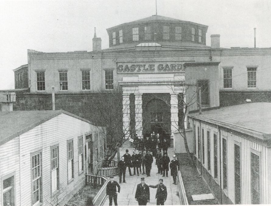 Historic view of the Castle Garden immigrant depot, a round building at the southern tip of Manhattan.