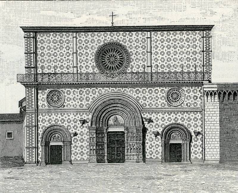 Wood engraving of the facade of Santa Maria di Collemaggio in L'Aquila, Abruzzo, published in 1899.