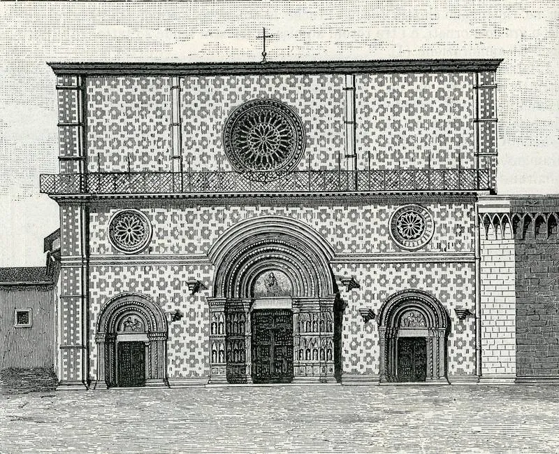 Wood engraving of the facade of Santa Maria di Collemaggio in L’Aquila, Abruzzo, published in 1899.