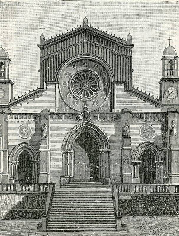 Wood engraving of the facade of the cathedral at Cosenza, published in 1900.