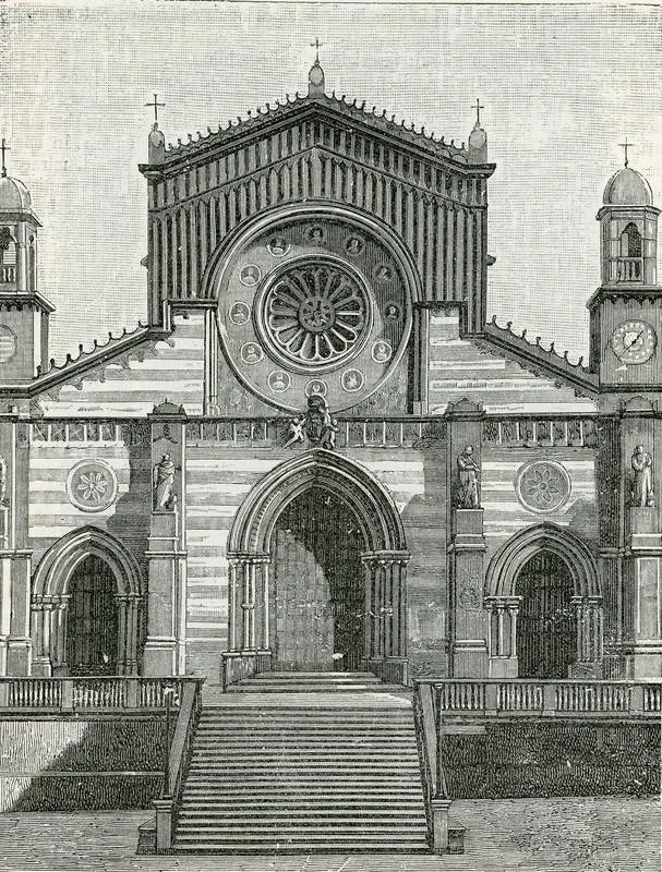 Wood engraving of the facade of the cathedral at Cosenza, published in 1900.