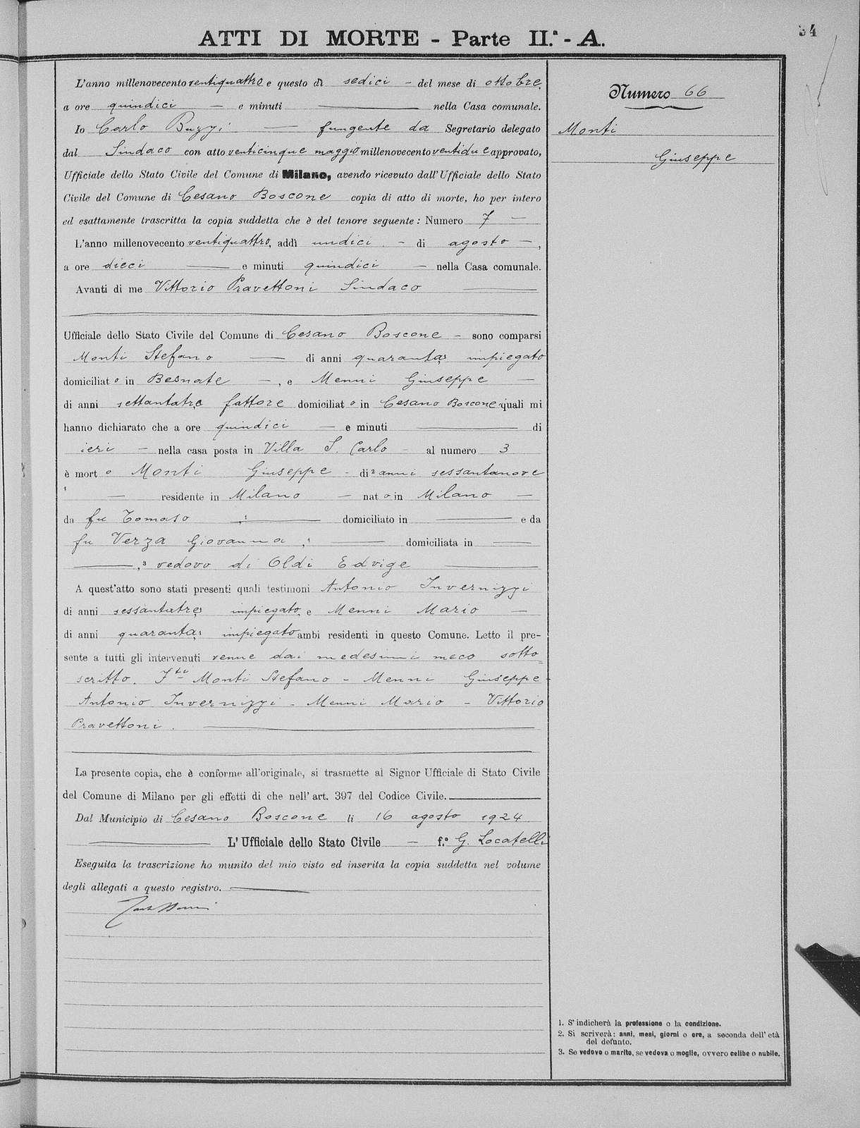 Handwritten Italian death act for Giuseppe Monti, transcribed in Milan and dated 10 August 1924.