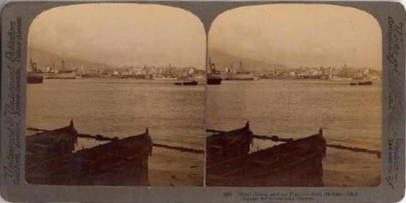 Stereo-card photograph of the harbor at Genoa, Italy, published by Underwood and Underwood in 1900.
