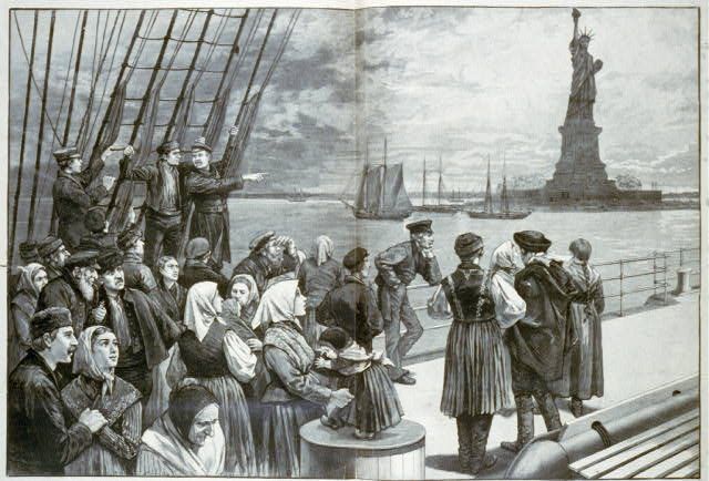 Illustration of immigrants on the deck of the steamer Germanic, from Frank Leslie's Illustrated Newspaper in 1887.