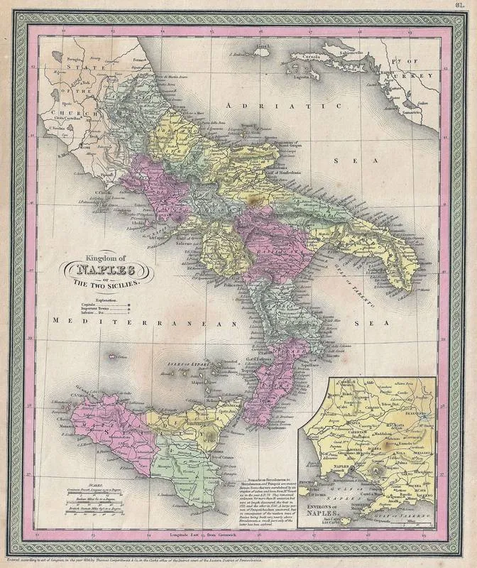Hand-colored 1853 map of southern Italy and Sicily, from Naples south, by S. A. Mitchell.