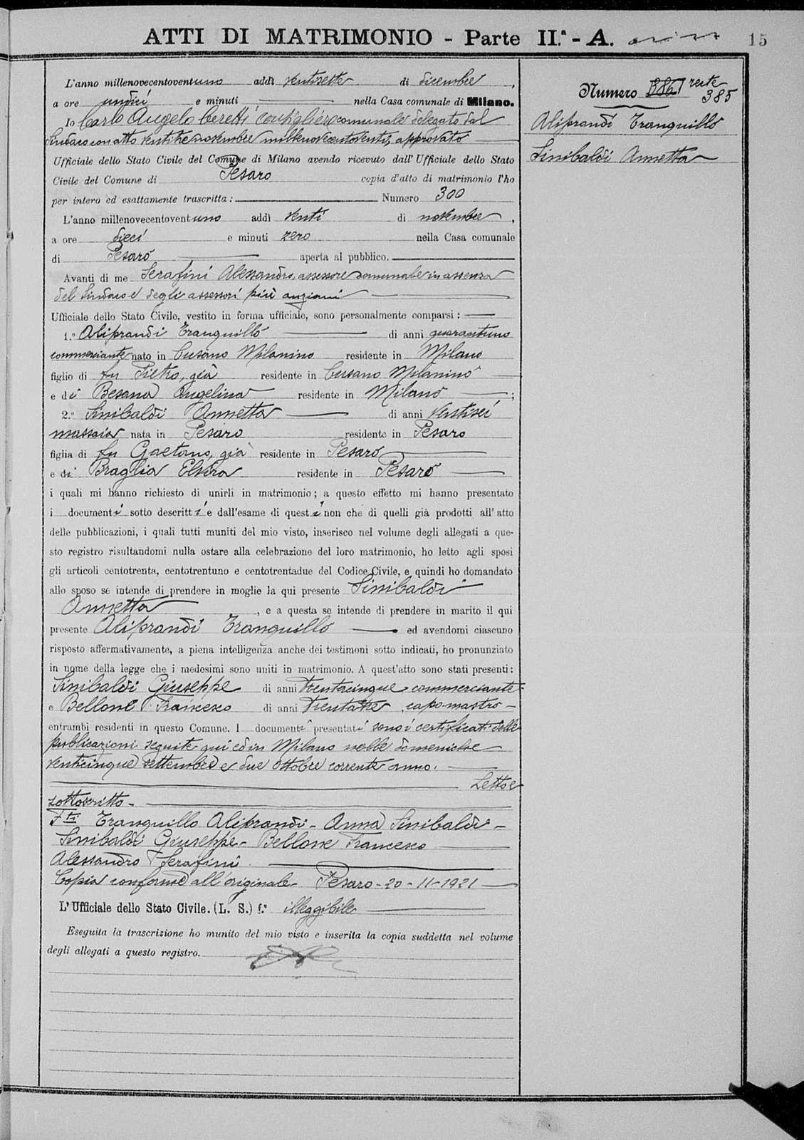 Handwritten Italian marriage act from Milan, dated 20 November 1921.