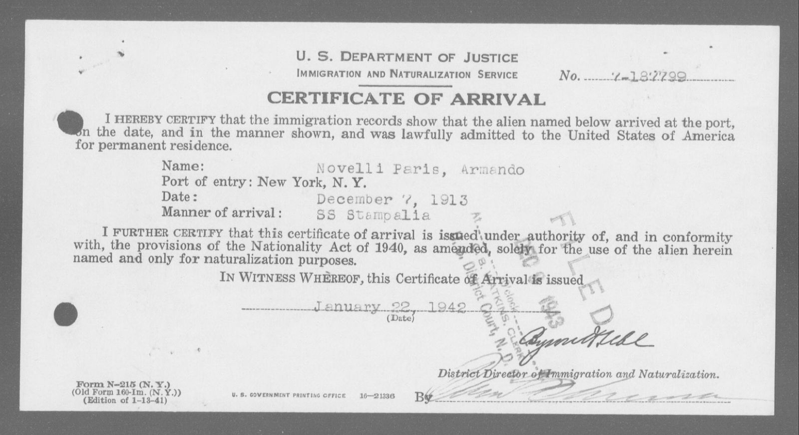 Petition for naturalization of Fernando Armando Paris, from Italy, in a United States district court at Cleveland, 22 January 1942.