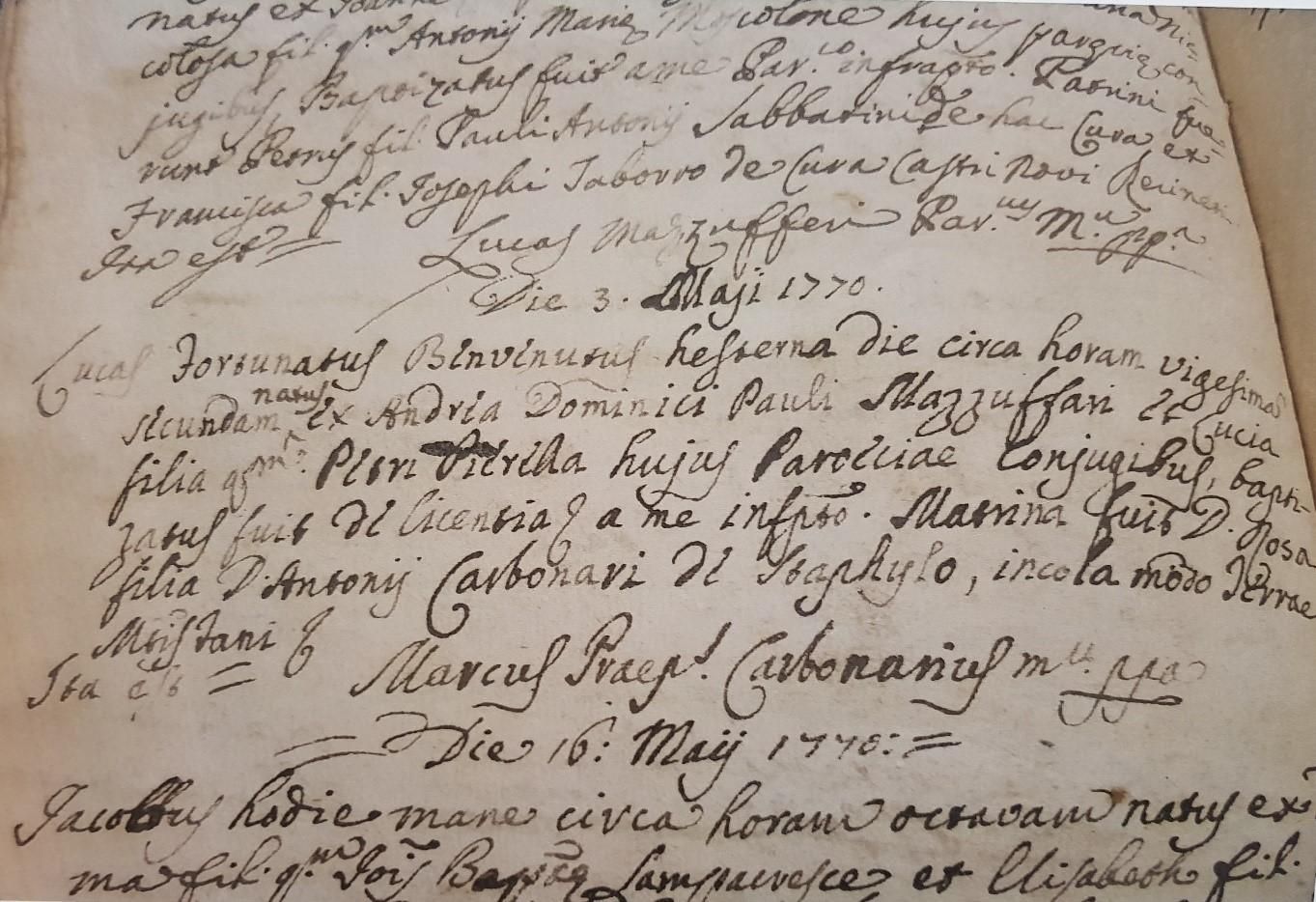 Open handwritten baptism register for the year 1770 from the parish of Passatempo, in Osimo, Italy.